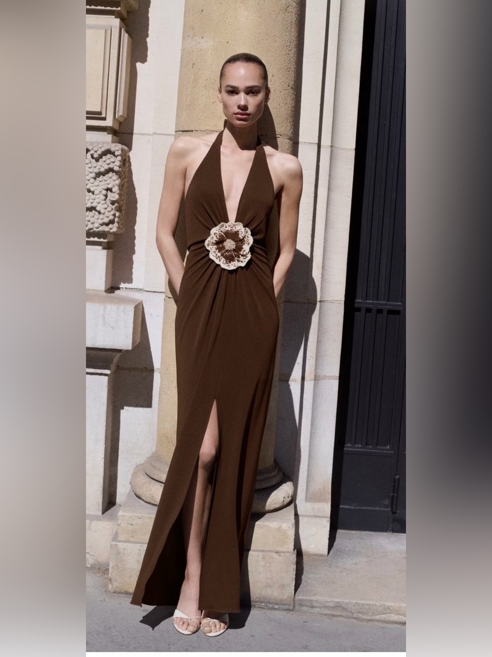 Mango Brown Halter Backless Ring-Detail Dress